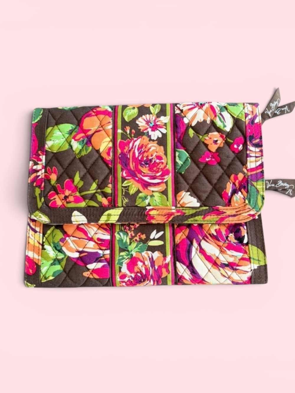 Vera Bradley Brown Quilted Floral Fold-Over Cosmetic Clutch